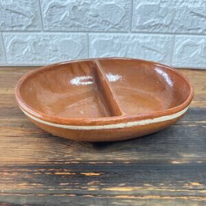 Pottery Oval Divided Baking Dish • Brown Drip Glaze • Vintage Mexico Serveware